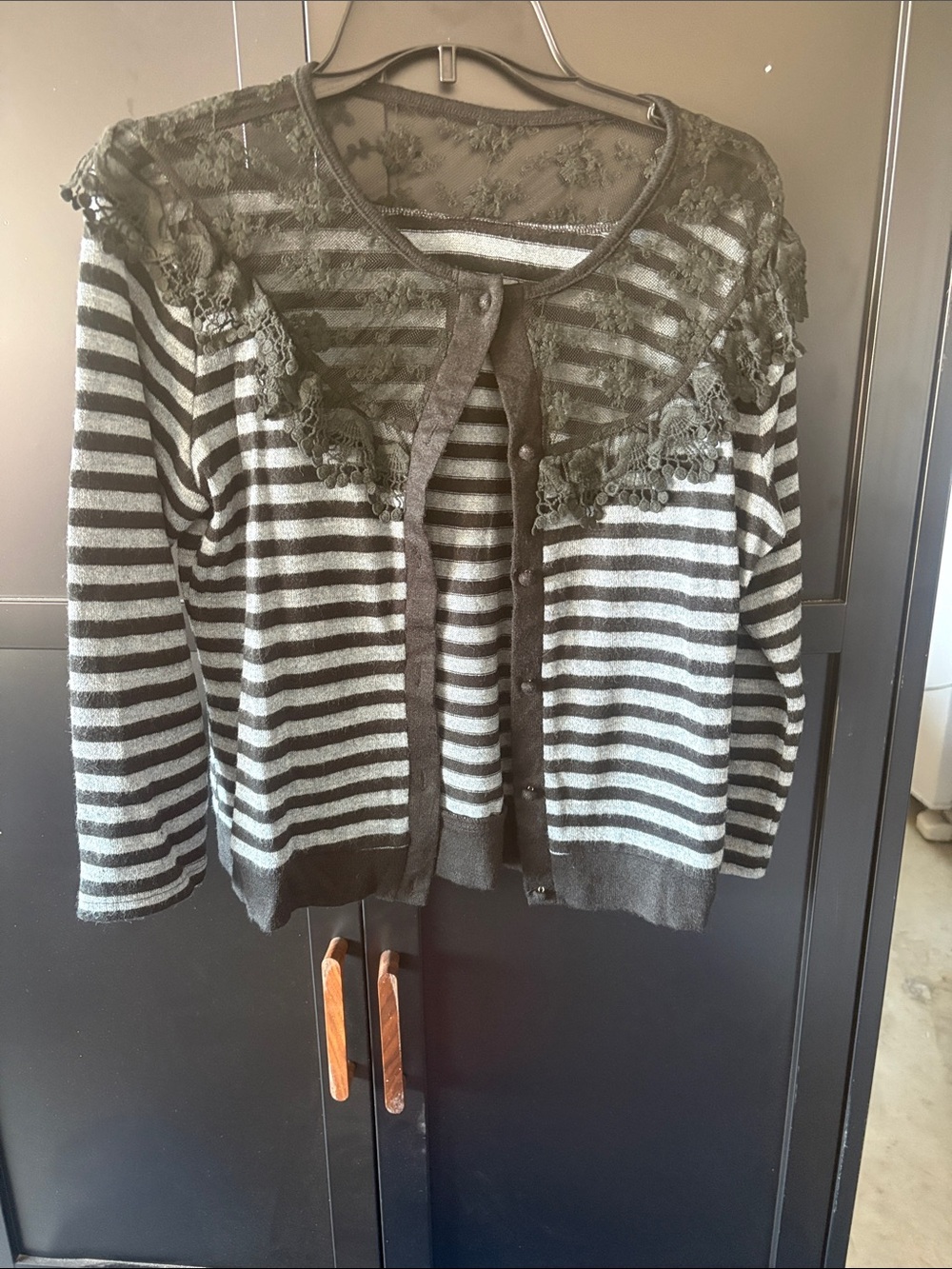 NYC Black and Gray Striped Lace-Yoke Cardigan